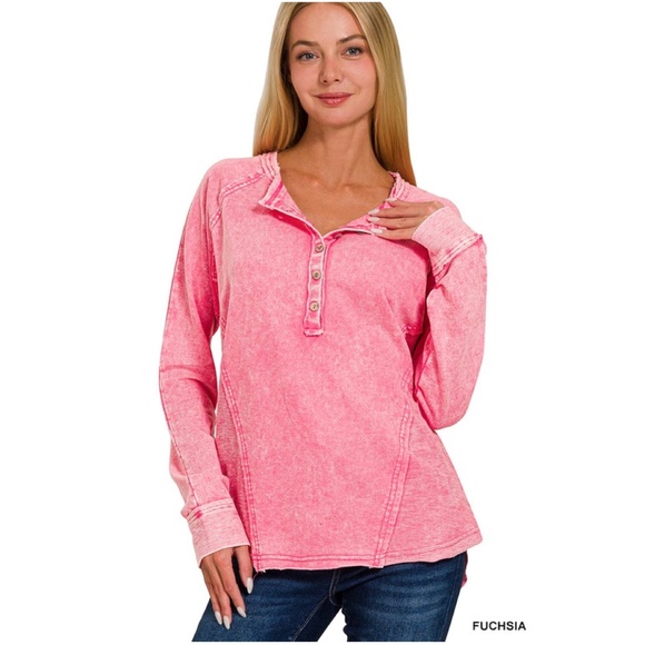 Vintage Wash Half Button Cotton Long Sleeve Top - Picture 1 of 2